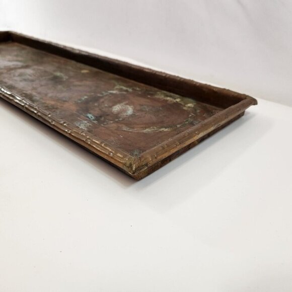 Chinese Copper Serving Tray Dragon Fish Symbols Bamboo Motif Antique 26x8" - Picture 13 of 14